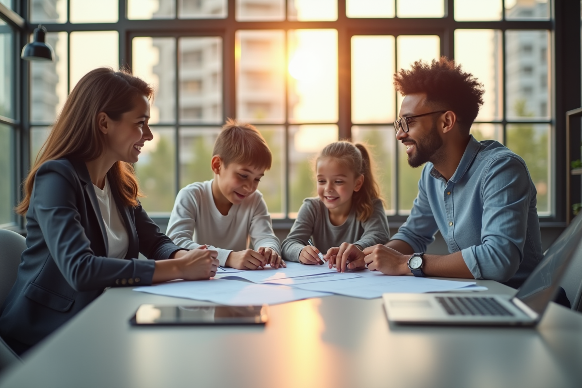 Famille confiante lors d'une réunion d'assurance en bureau lumineux