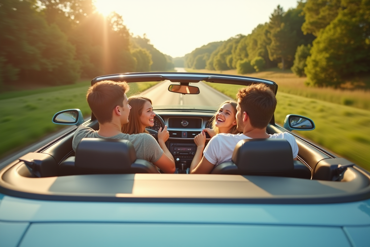 Famille heureuse en voiture décapotable en campagne ensoleillee