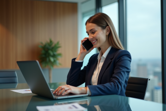 Femme d'affaires en réunion dans une banque moderne