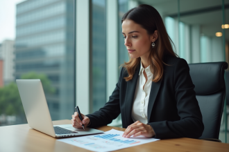 Femme en analyse financière dans un bureau moderne