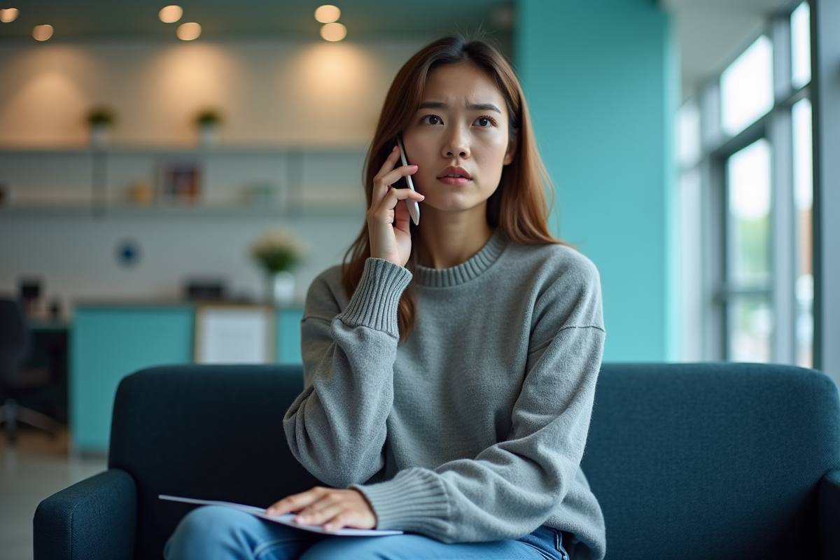 Femme attentive parlant au téléphone dans une agence bancaire