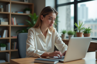Jeune femme professionnelle utilisant un ordinateur au bureau