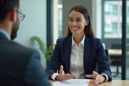 Femme confiante en banque lors d'une présentation