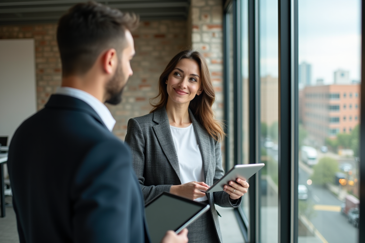 Femme confiante parlant avec un collègue dans un bureau lumineux
