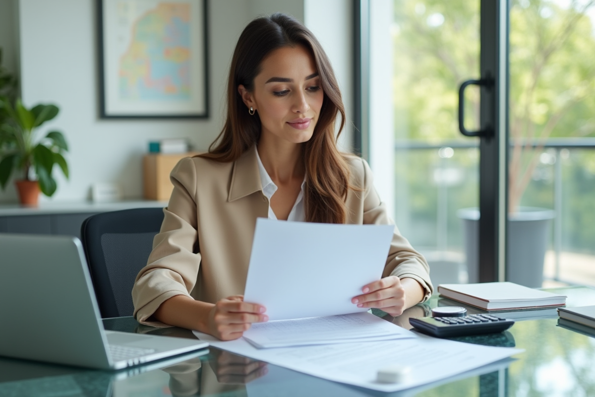 Femme entrepreneure confiante dans un bureau lumineux examinant des documents