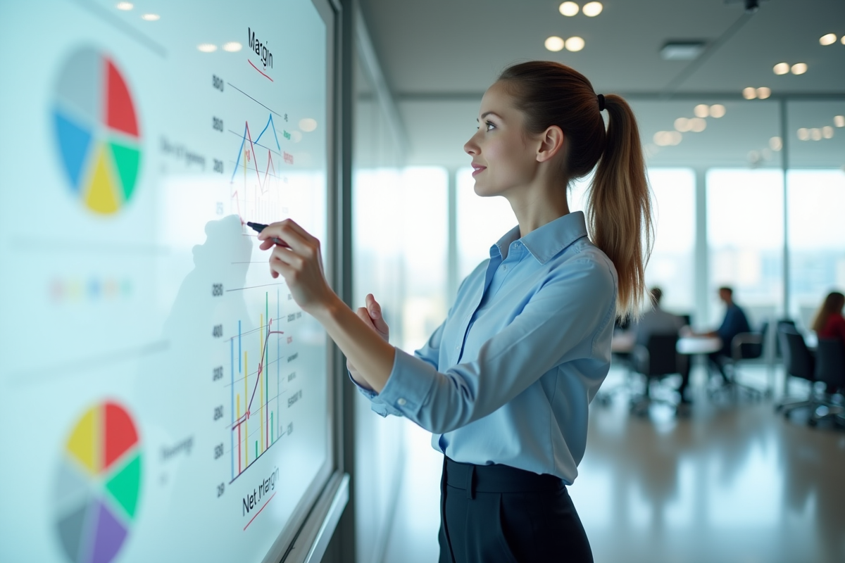Jeune femme expliquant marges avec tableau blanc