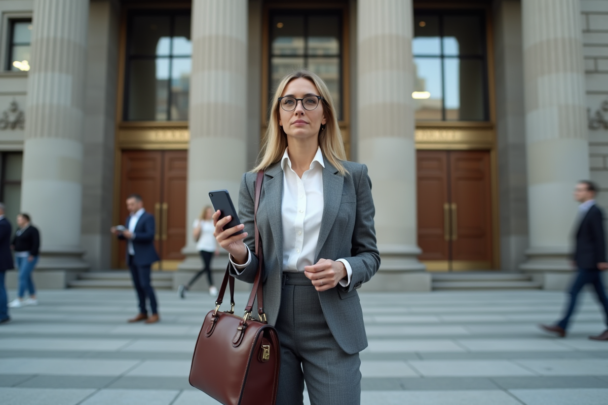 Femme professionnelle devant une banque avec téléphone