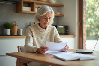 Femme d'une cinquantaine d'années consulte ses documents financiers à la maison