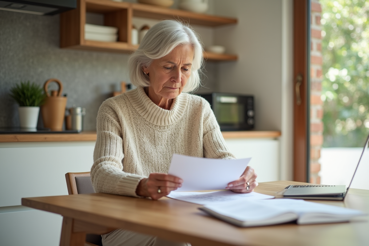 Femme d'une cinquantaine d'années consulte ses documents financiers à la maison