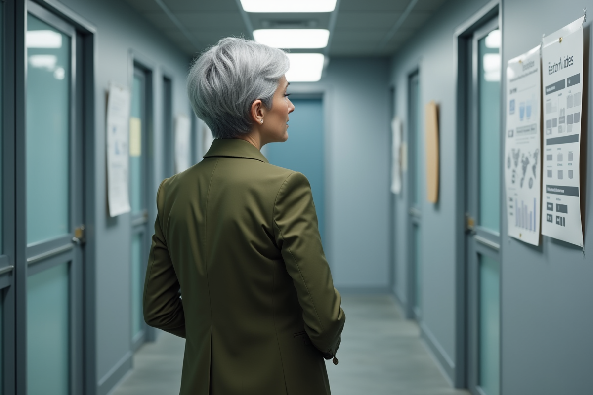 Femme regardant un graphique sur la retraite en bureau