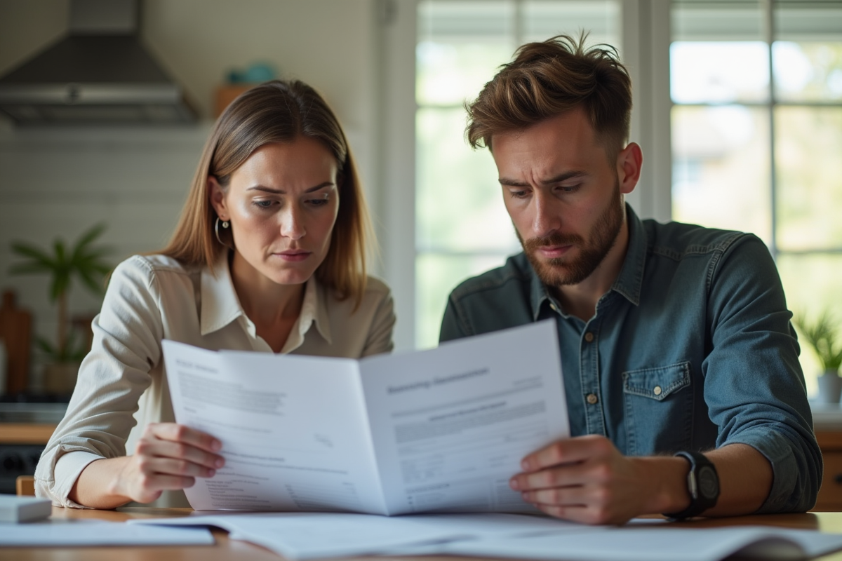 Femme et jeune homme examinent des documents à la cuisine