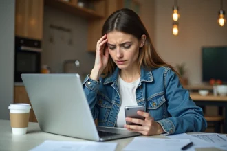 Jeune femme anxieuse avec smartphone dans la cuisine