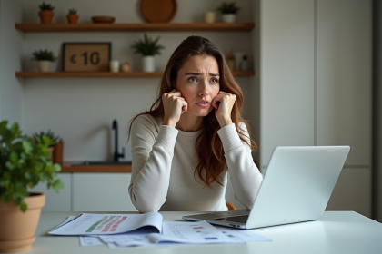Femme inquiète vérifiant ses comptes en ligne à la maison