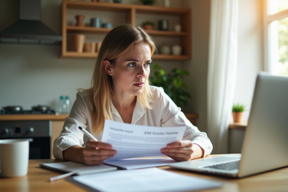 Femme inquiète tenant des documents d'assurance à la maison