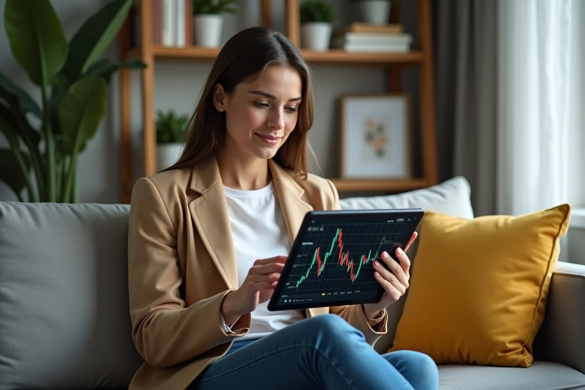 Femme utilisant une tablette pour suivre le Nasdaq à la maison