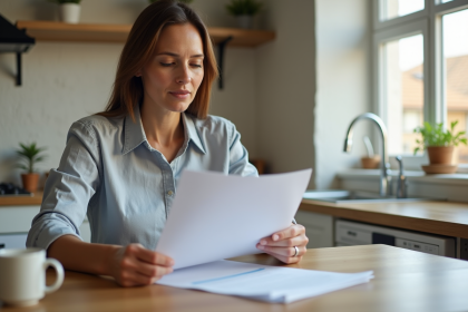 Femme en cuisine examine des documents de pret immobilier