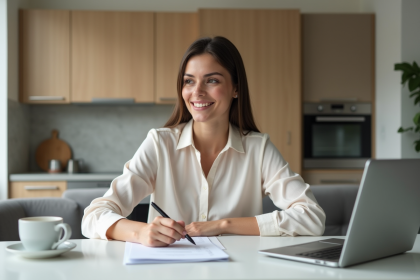 Femme concentrée remplissant ses formulaires fiscaux à la maison