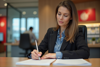 Femme d affaires examinant un dossier de pret immobilier