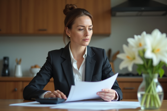 Femme d'âge moyen réfléchissant dans une cuisine moderne