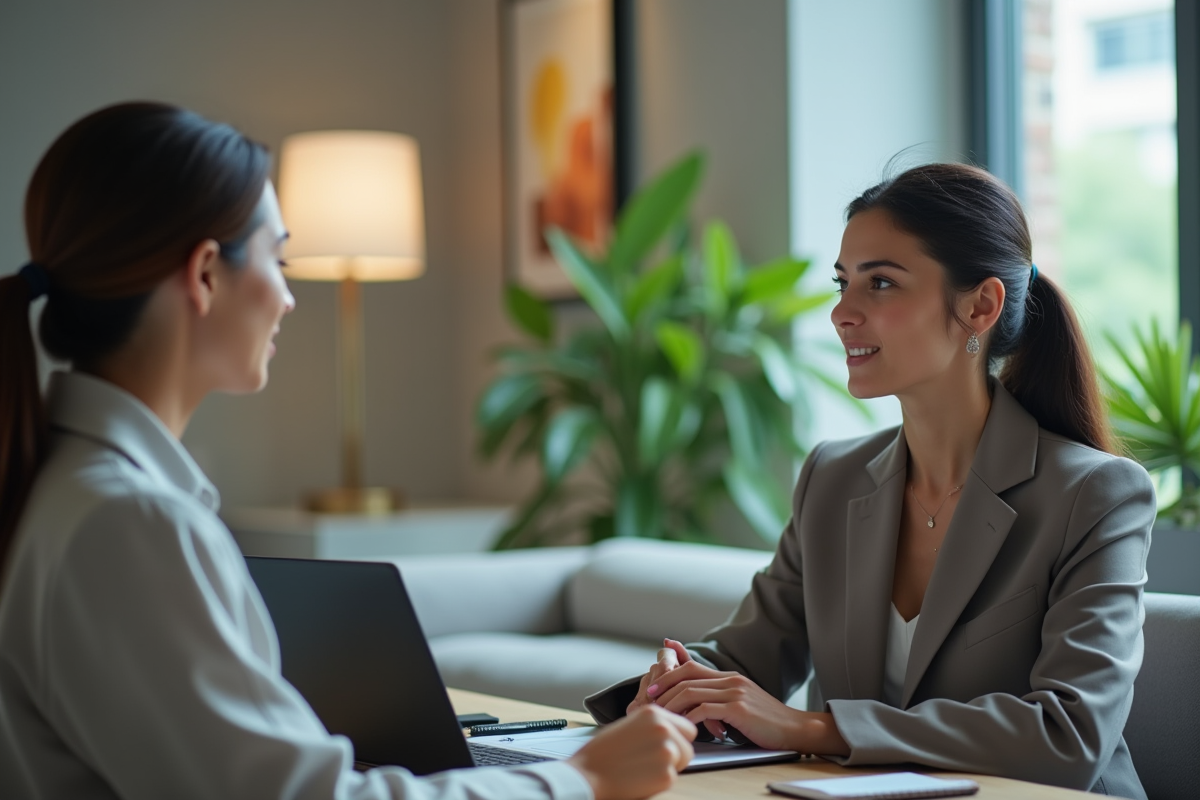 Femme rencontrant un conseiller financier dans un bureau lumineux