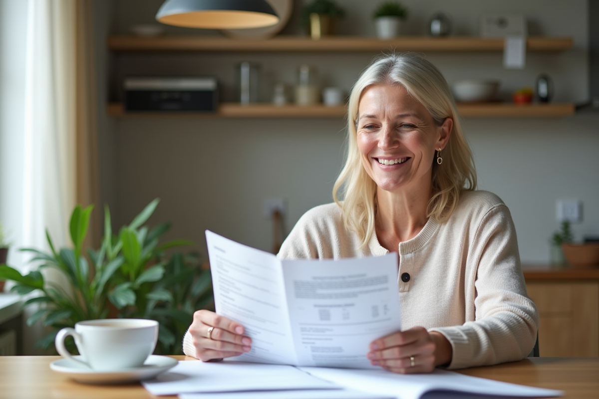 Femme d'âge moyen souriante vérifiant documents d'assurance santé