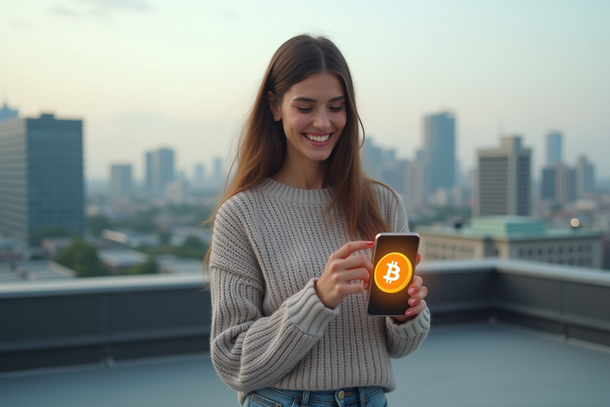 Jeune femme souriante utilisant son smartphone avec logo bitcoin