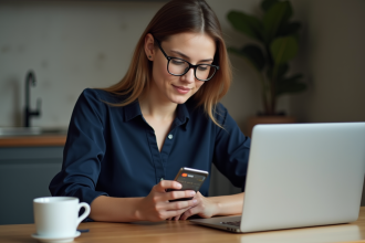 Jeune femme regardant son smartphone avec une carte Visa digitale