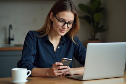 Jeune femme regardant son smartphone avec une carte Visa digitale