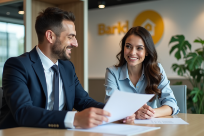 Femme souriante examinant documents de prêt immobilier