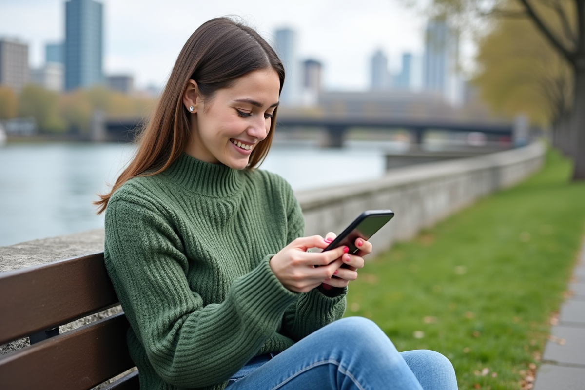 Jeune femme souriante utilisant son smartphone en extérieur
