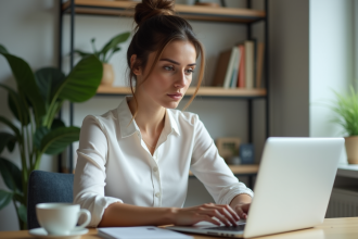 Femme concentrée travaillant sur son ordinateur portable à son bureau