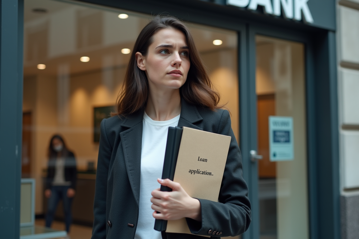Jeune femme devant une agence bancaire en ville