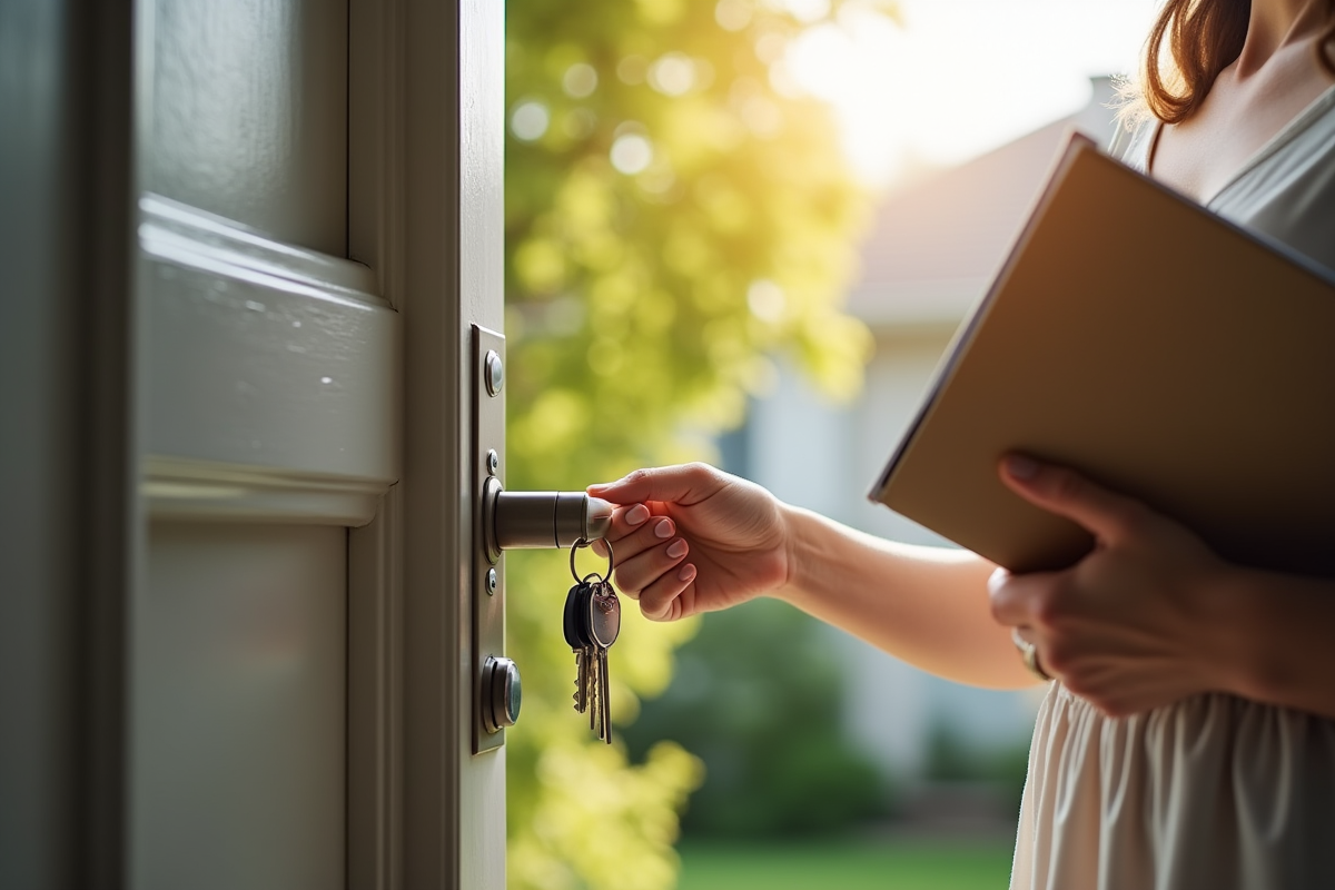 Femme verrouillant sa porte avec clés et assurance en matinée