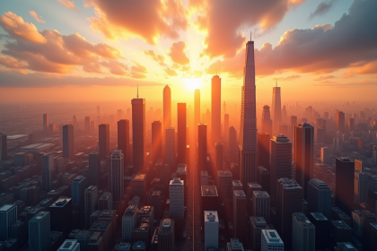 Silhouette d'un quartier financier au lever du soleil avec graphiques
