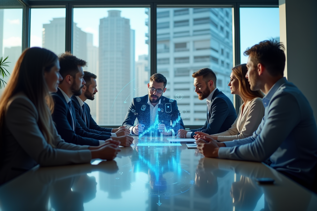 Groupe de professionnels autour d'une table avec hologrammes financiers