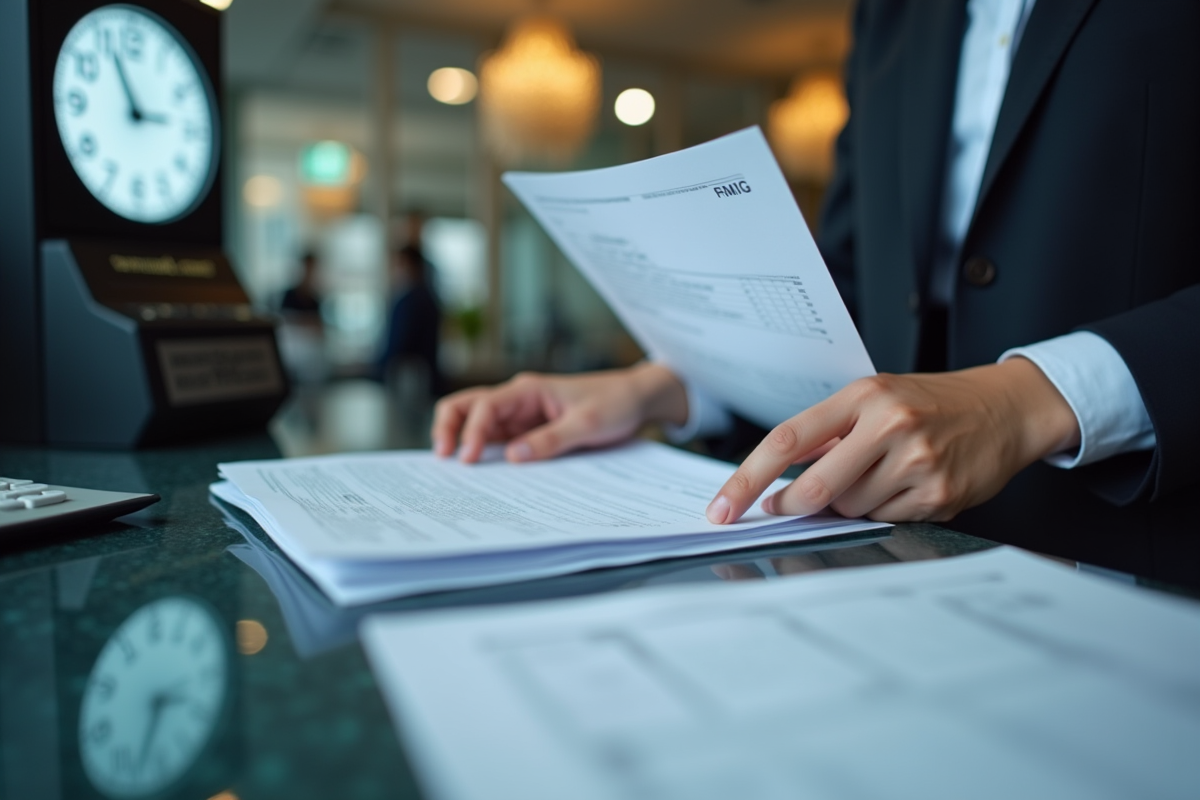 Gros plan sur mains de caissier examinant des formulaires bancaires