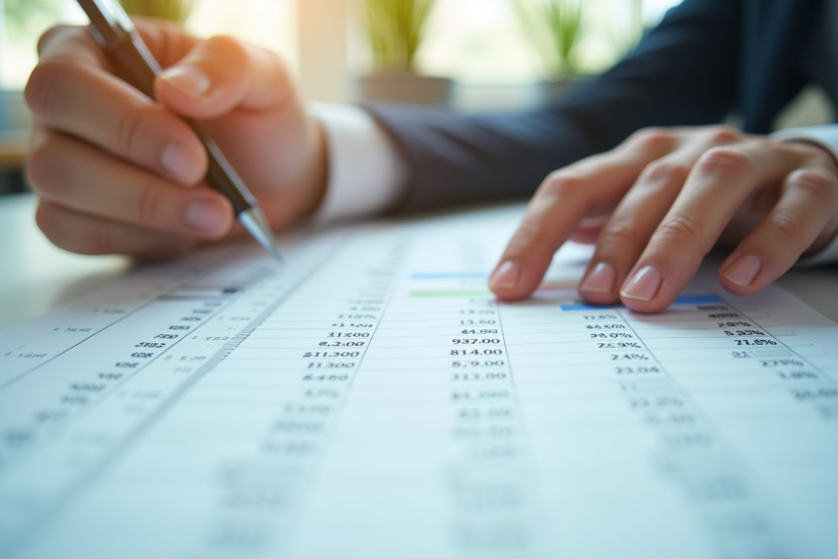 Mains d'un professionnel soulignant un rapport financier en journée