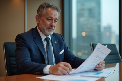 Homme d'affaires en costume navy dans une salle de réunion