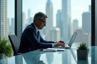 Homme d'affaires en costume regardant des graphiques financiers