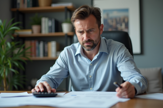 Homme d'affaires en bureau à la maison avec documents de prêt