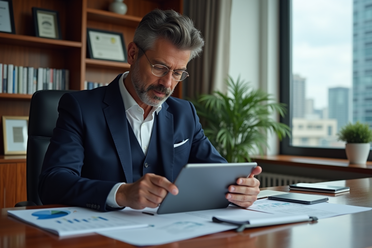 Homme d'affaires en costume dans un bureau élégant