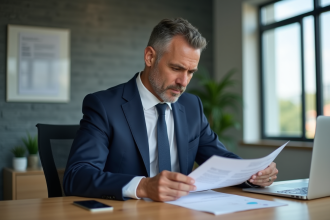 Homme d'affaires en costume bleu examine des documents