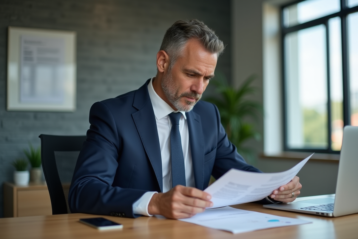 Homme d'affaires en costume bleu examine des documents
