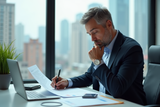Homme d'affaires en costume examine un rapport financier