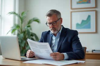 Homme d'affaires en costume bleu dans un bureau moderne
