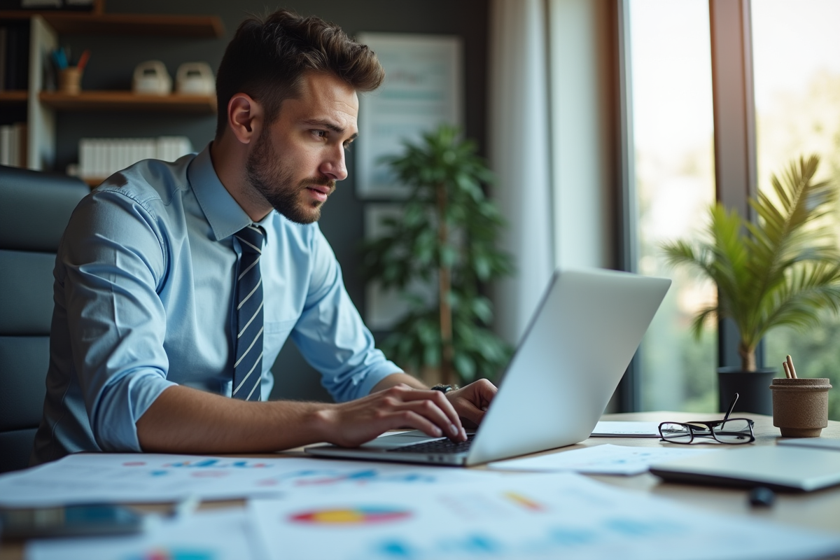 Homme professionnel étudiant des graphiques financiers en bureau