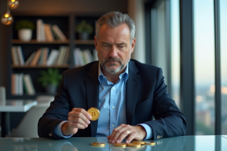 Homme d'âge moyen tenant un bitcoin dans un bureau moderne