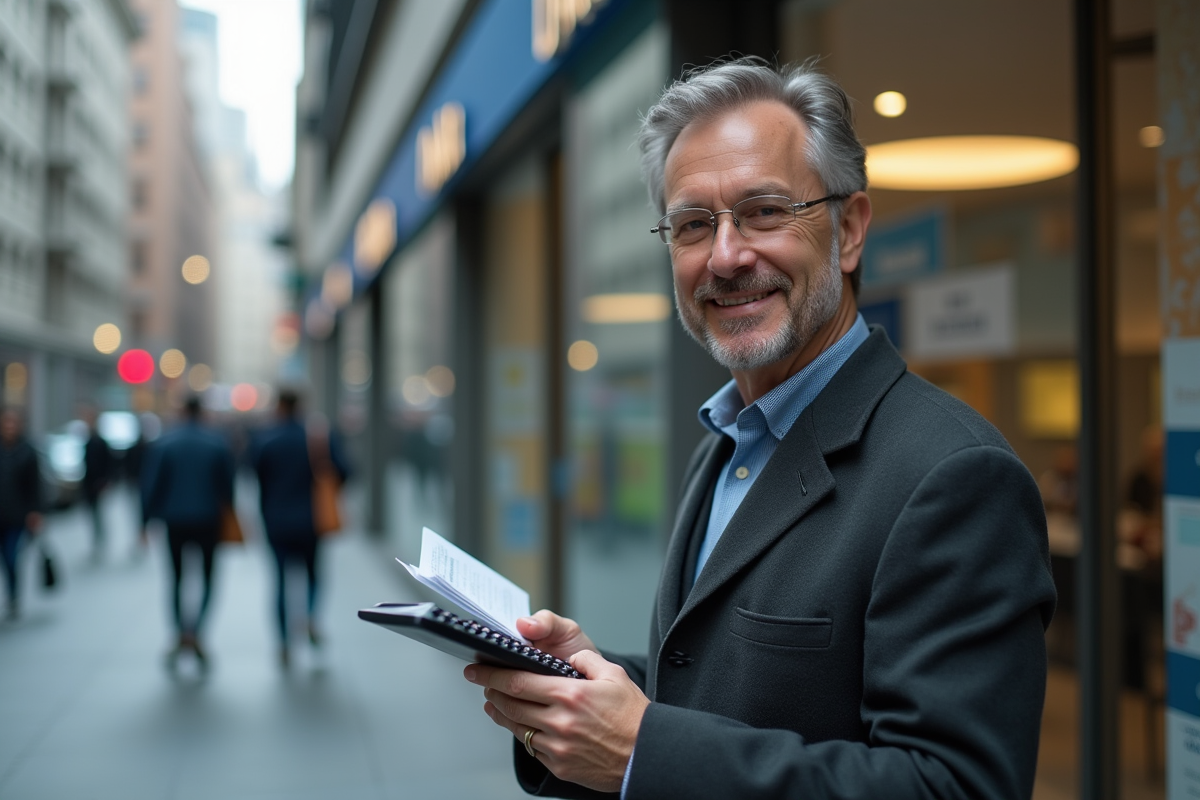 Homme d affaires souriant devant une agence bancaire urbaine