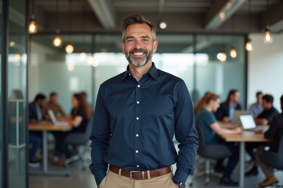 Homme souriant dans un espace de coworking dynamique