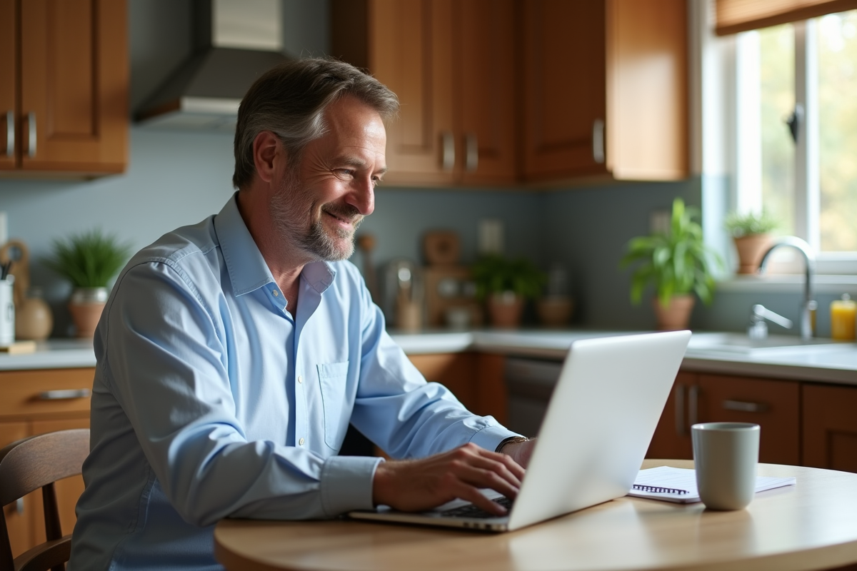 Homme au domicile analysant un tableau financier sur son ordinateur